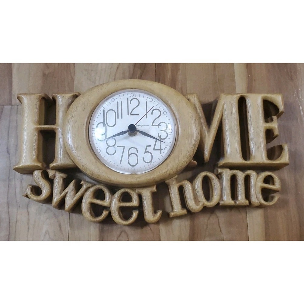 Vintage Wall Clock "Home Sweet Home" By Burwood 1970's Natural Wood Color WORKS